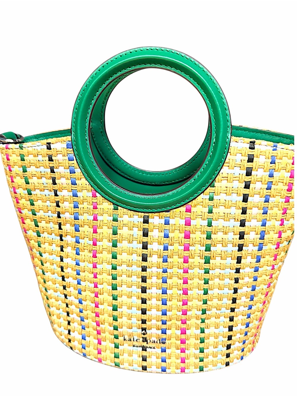 Kate Spade Multi-Color Woven Bucket Bag with Green Leather Handles and Strap